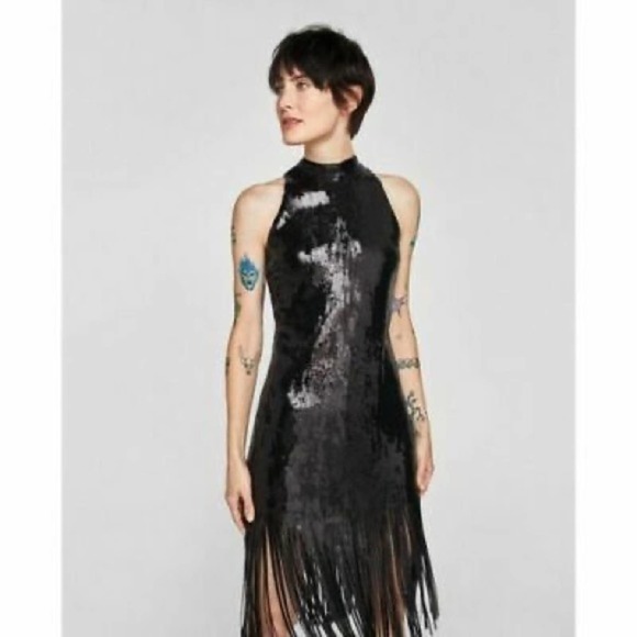 Zara Dresses & Skirts - Zara Limited Edition Collection Women’s Black Sequined Halter Neck Party Dress